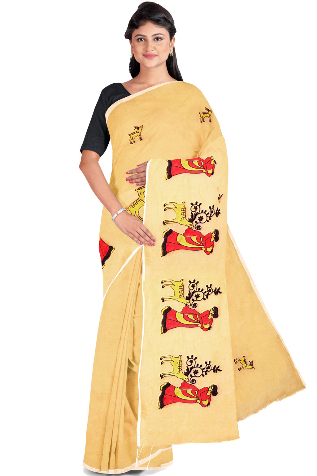 Cream Pure Cotton Urbasi Hand Hand Loom Saree (1118)